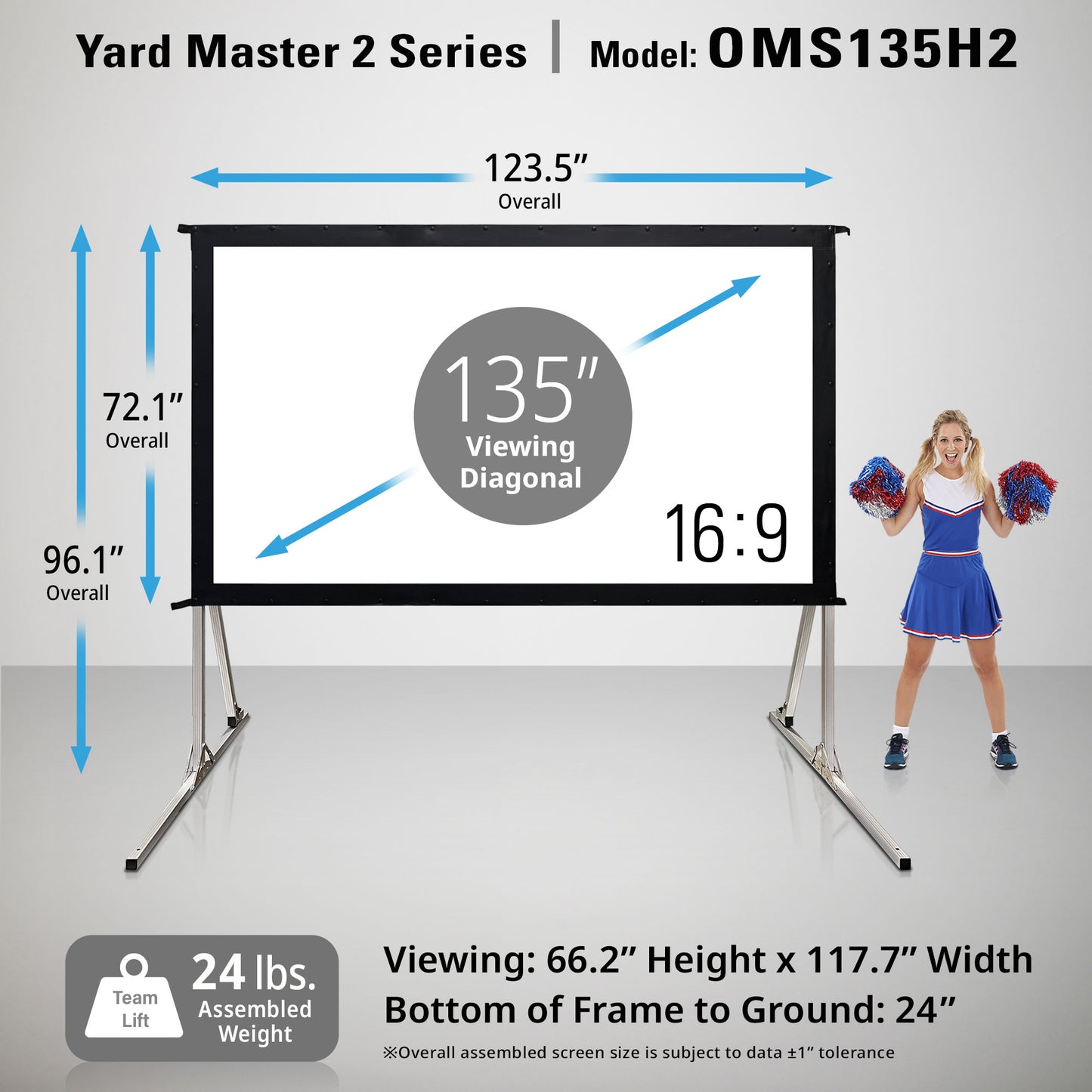 Yard Master 2 Series projection screen with dimensions and cheerleader for scale