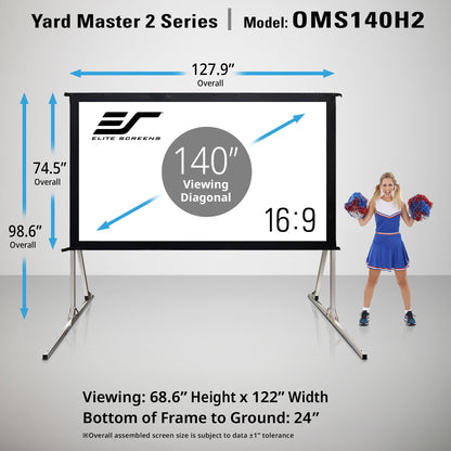 Elite Screens Yard Master 2 Series portable projection screen, model OMS140H2, shown with its silver metal stand on a light gray studio background. The image includes dimension annotations (overall 127.