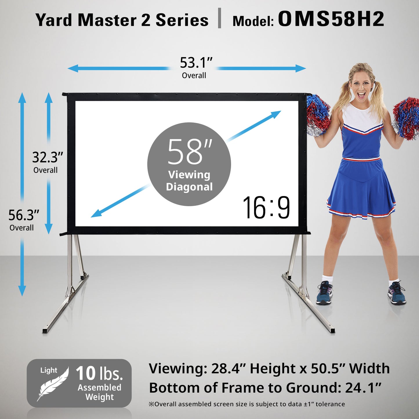 58-inch projection screen with stand and cheerleader for scale, featuring dimensions and specifications.