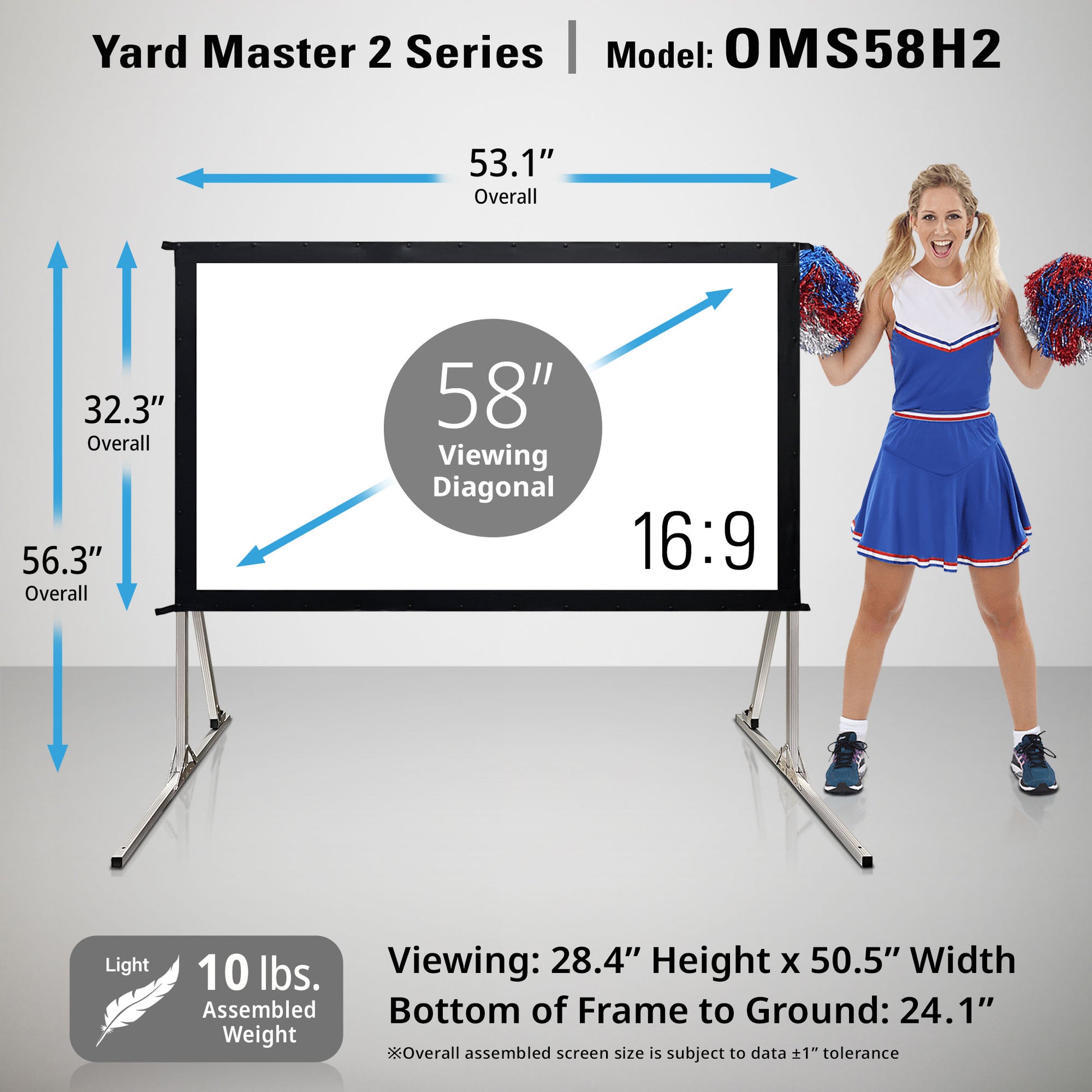 58-inch projection screen with stand and cheerleader for scale, featuring dimensions and specifications.