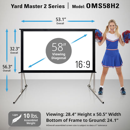 58-inch projection screen with stand and cheerleader for scale, featuring dimensions and specifications.