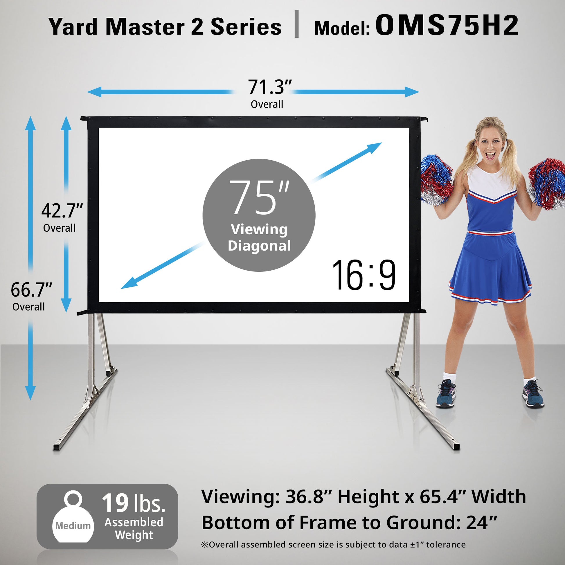 75-inch projector screen with dimensions and cheerleader for scale