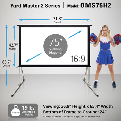 75-inch projector screen with dimensions and cheerleader for scale