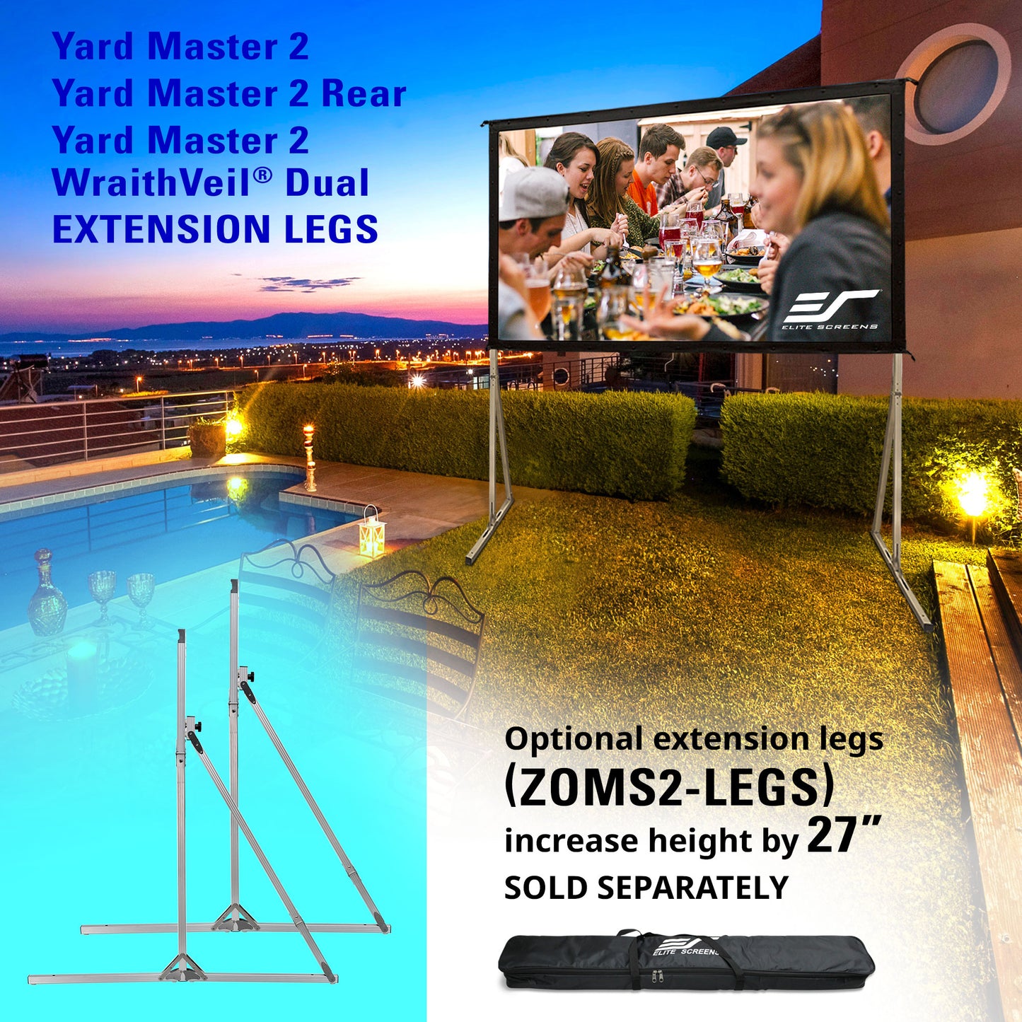 Outdoor setting with a large screen projector and extension legs near a pool.
