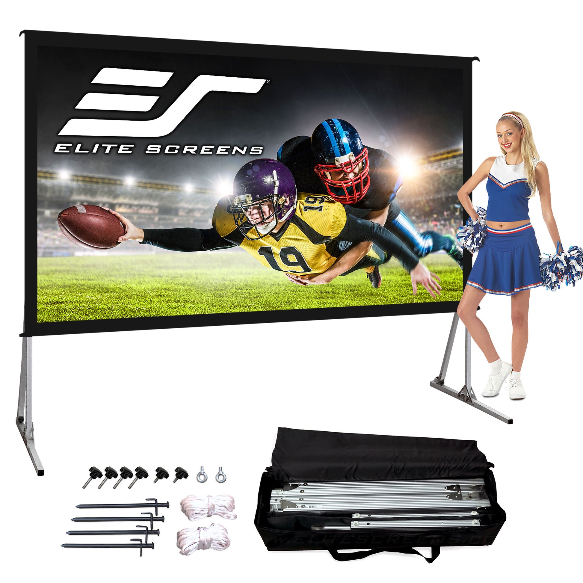 Elite Screens outdoor projector screen with football game display and cheerleader, including accessories.