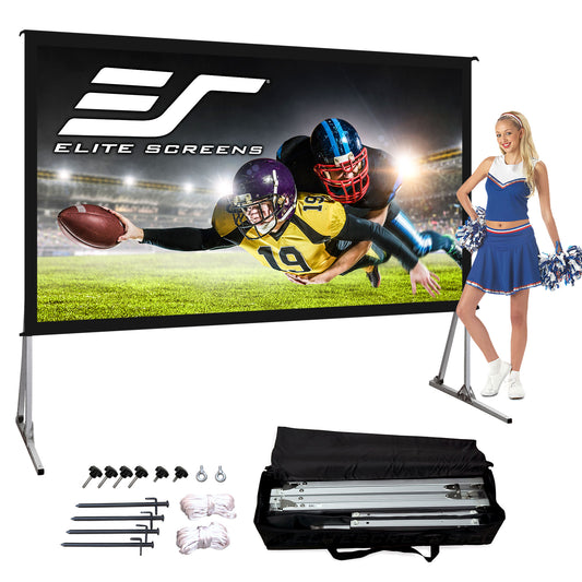 Elite Screens outdoor projector screen with football game display and cheerleader, including accessories.