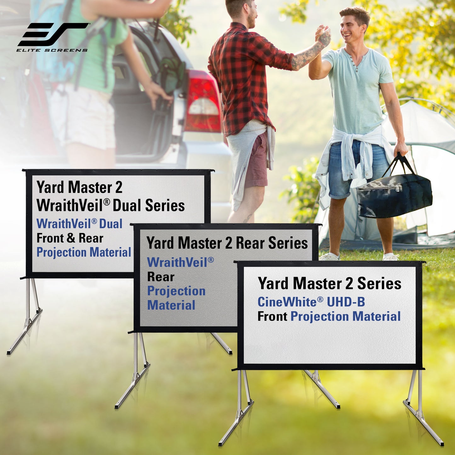 Three projection screens with text about different series in front of a blurred outdoor scene with people.
