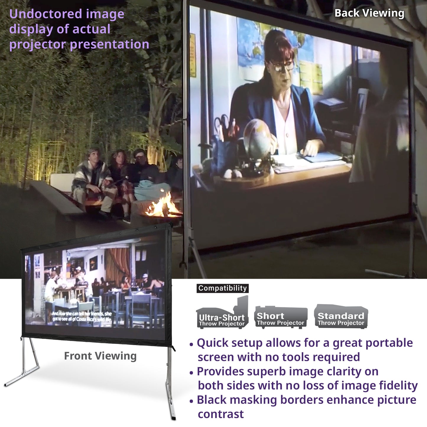 Projector screen setup with outdoor and indoor views, showing compatibility with different types of projectors.