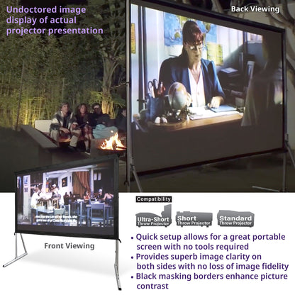 Projector screen setup with outdoor and indoor views, showing compatibility with different types of projectors.