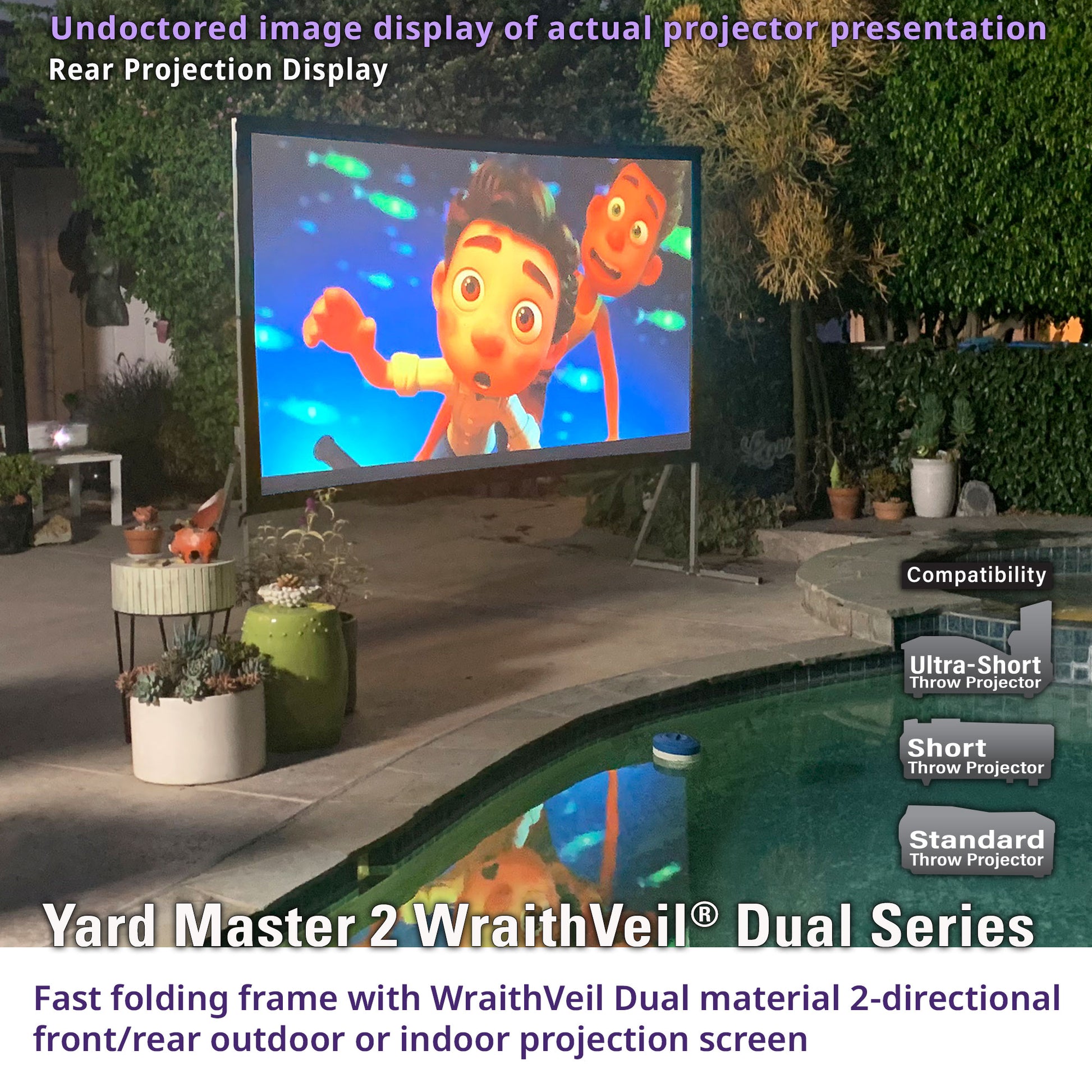 Outdoor setting with a large screen displaying an animated character, surrounded by plants and a pool.