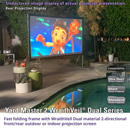 Outdoor setting with a large screen displaying an animated character, surrounded by plants and a pool.