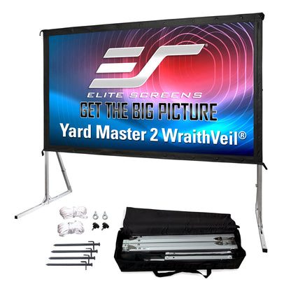 Elite Screens Yard Master 2 WraithVeil outdoor projector screen with accessories on a white background