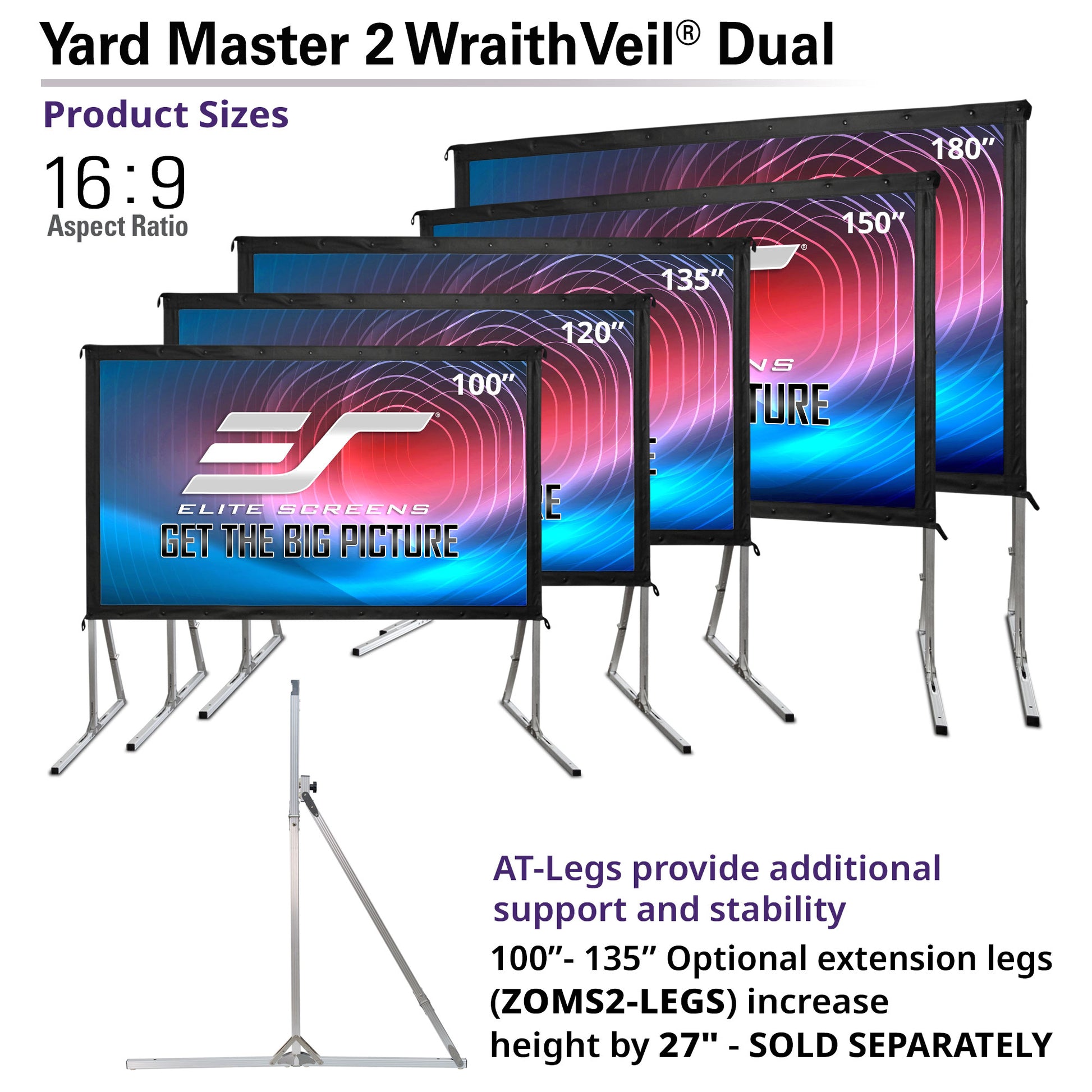 Elite Screens Yard Master 2 WraithVeil Dual outdoor projector screen with various sizes and features.