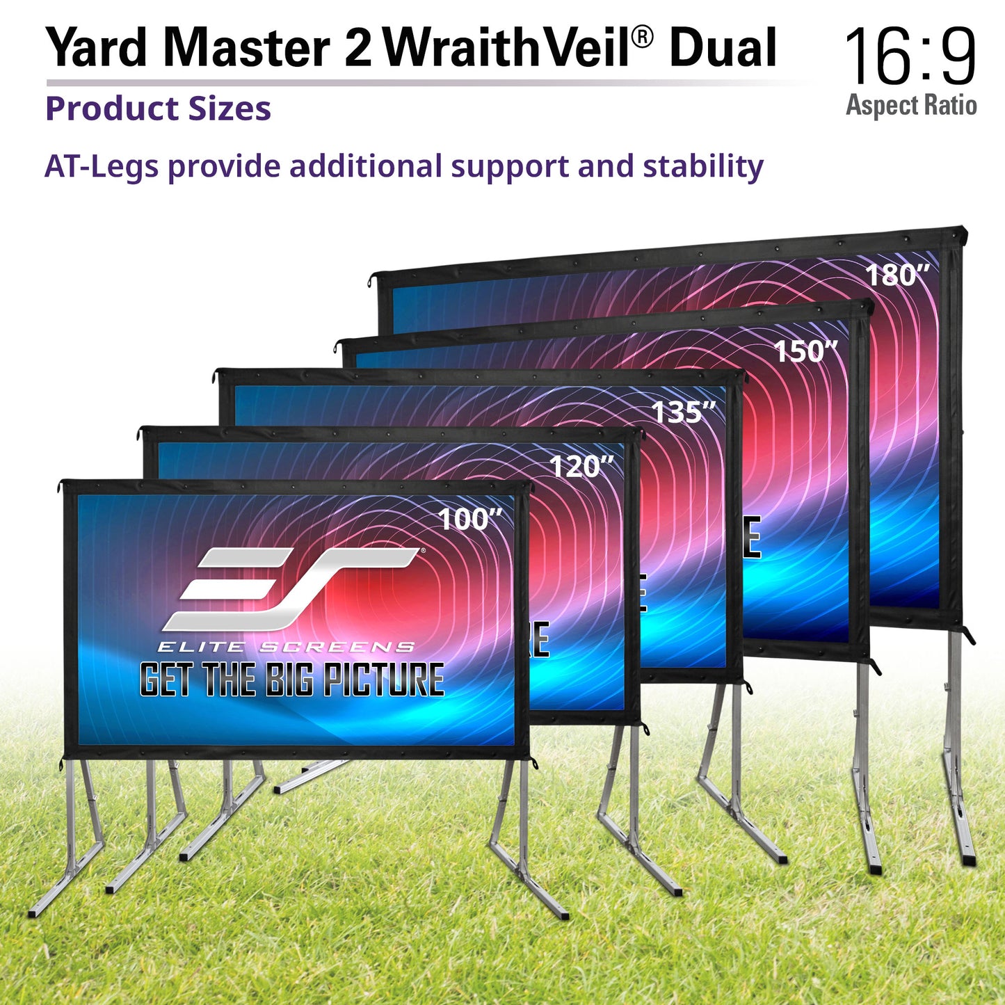 Set of outdoor projection screens with Elite Screens logo on a grassy background