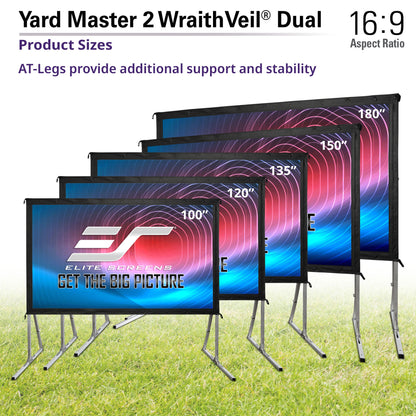 Set of outdoor projection screens with Elite Screens logo on a grassy background