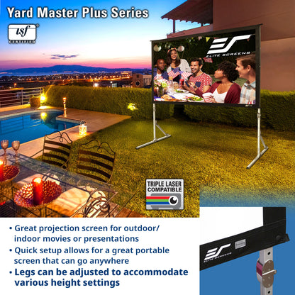 Outdoor setting with a projection screen displaying a family, surrounded by a pool and patio furniture.