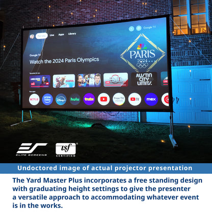 Large outdoor screen displaying the 2024 Paris Olympics on a stand with Elite Screens branding.