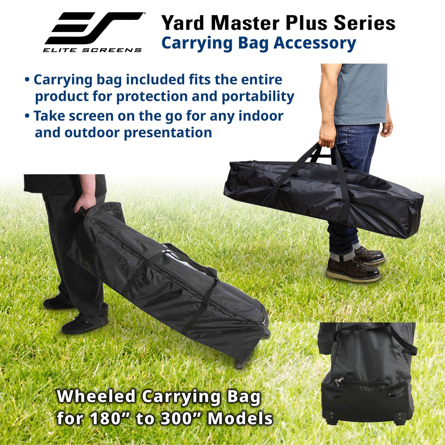 Wheeled carrying bag for Elite Screens Yard Master Plus Series screens on grass