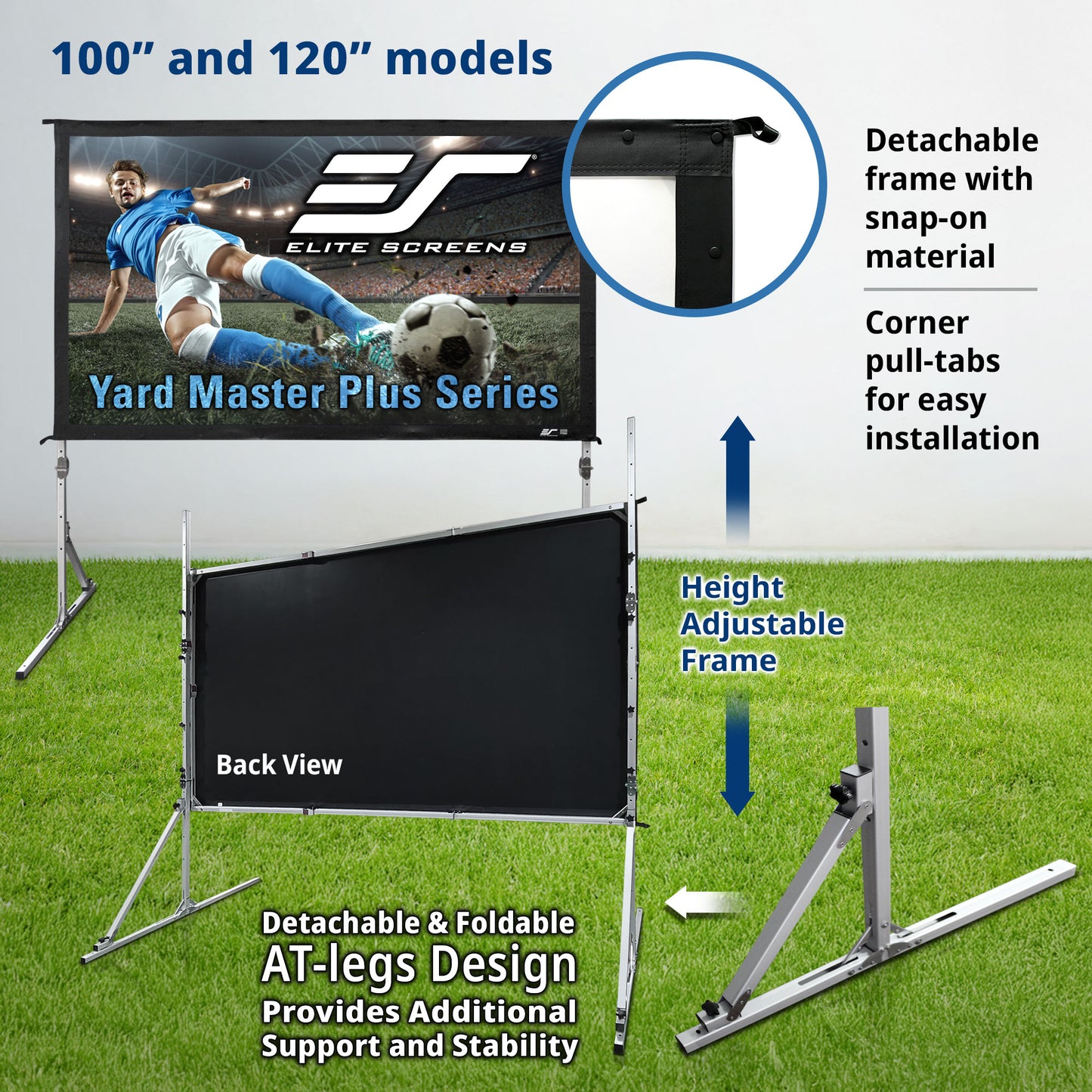 Elite Screens Yard Master Plus Series outdoor projector screen with detachable frame and AT-legs design on grass.