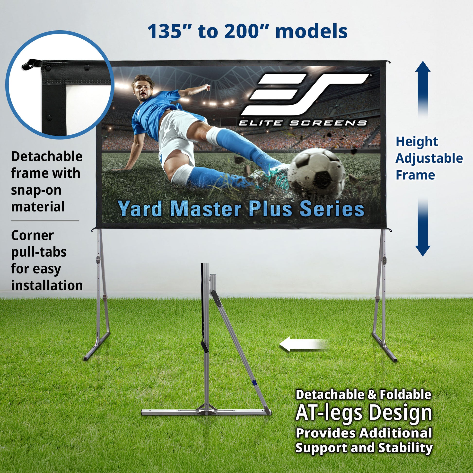 Elite Screens Yard Master Plus Series outdoor projector screen with stand on grass