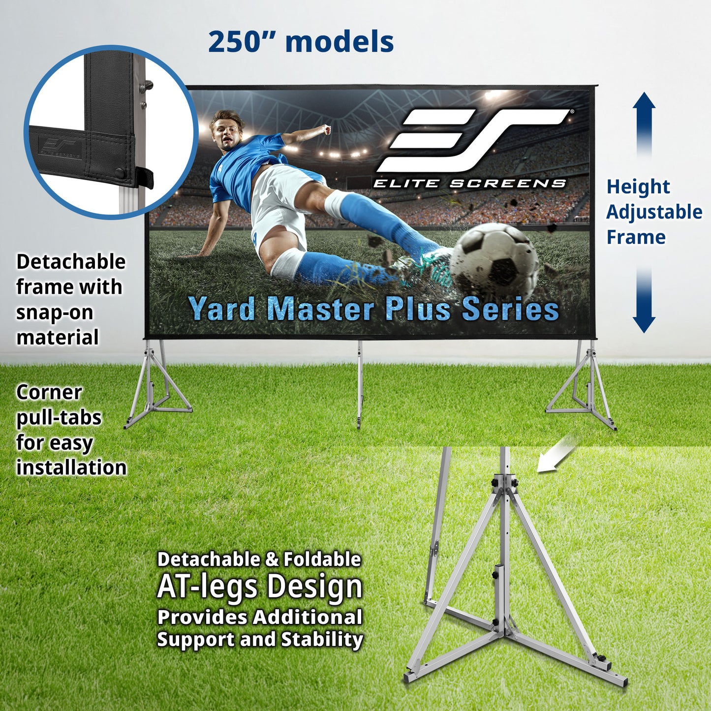 Elite Screens Yard Master Plus Series outdoor projector screen with stand on grass