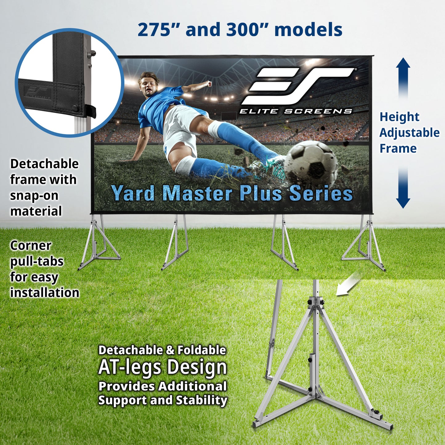 Elite Screens Yard Master Plus Series outdoor projector screen with stand on grass