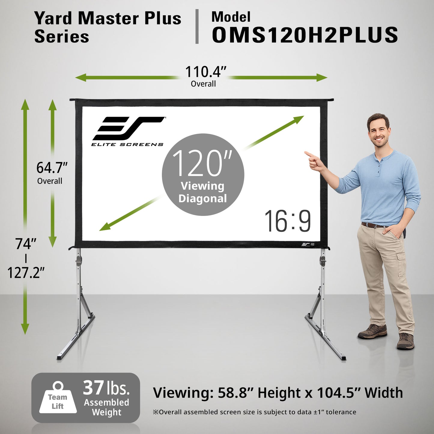 Elite Screens Yard Master Plus Series projector screen with dimensions and specifications displayed.