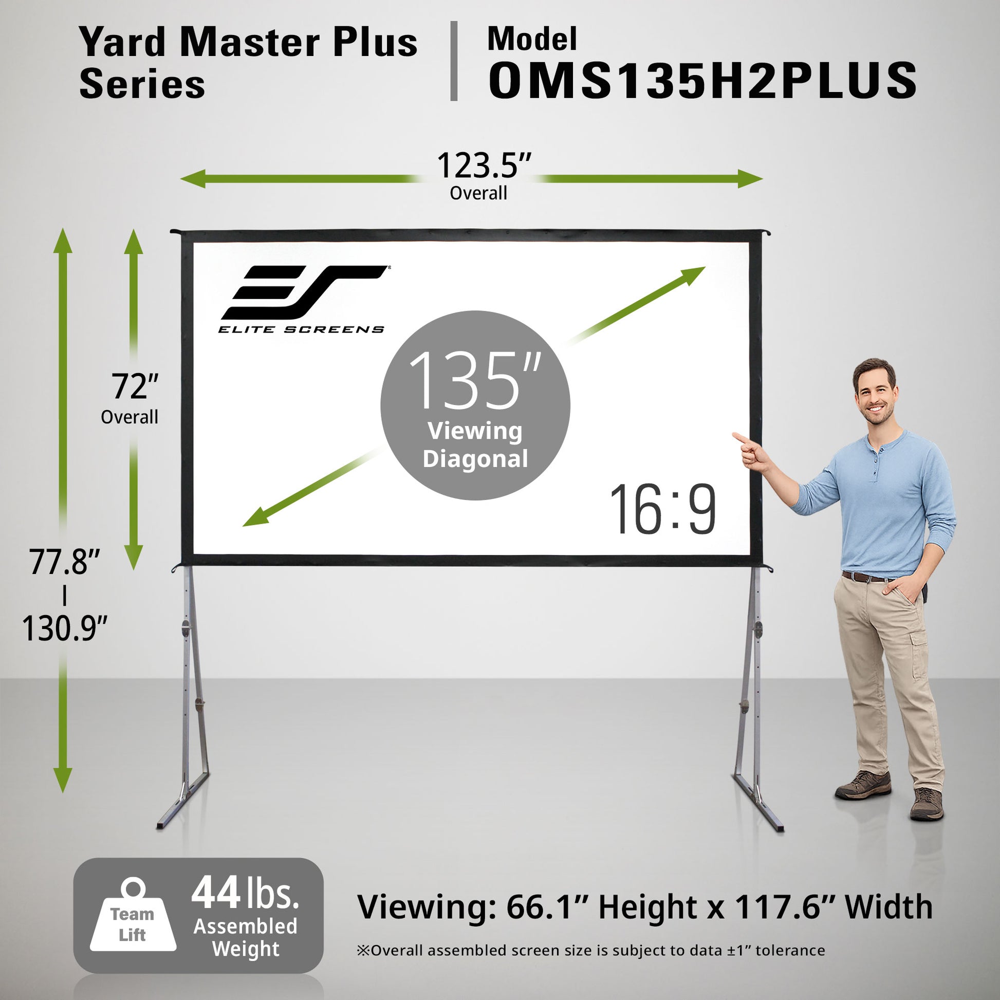 Elite Screens Yard Master Plus Series projector screen with dimensions and a person for scale.