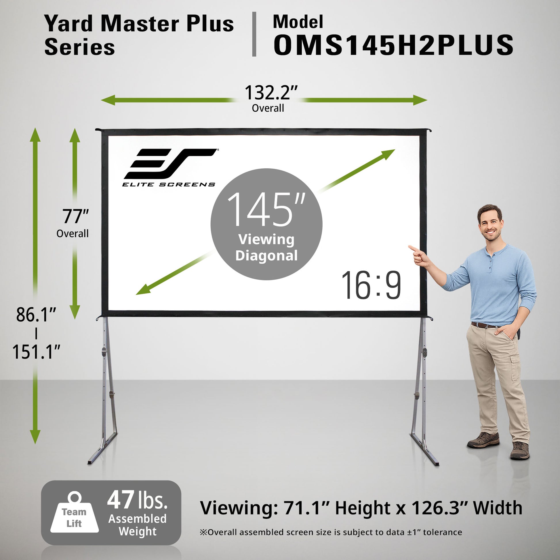 Elite Screens Yard Master Plus Series projector screen with dimensions and specifications displayed.