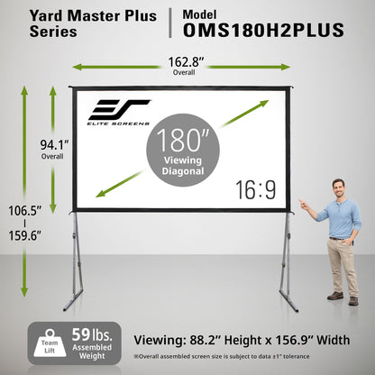 Elite Screens Yard Master Plus Series projector screen with dimensions and features displayed.