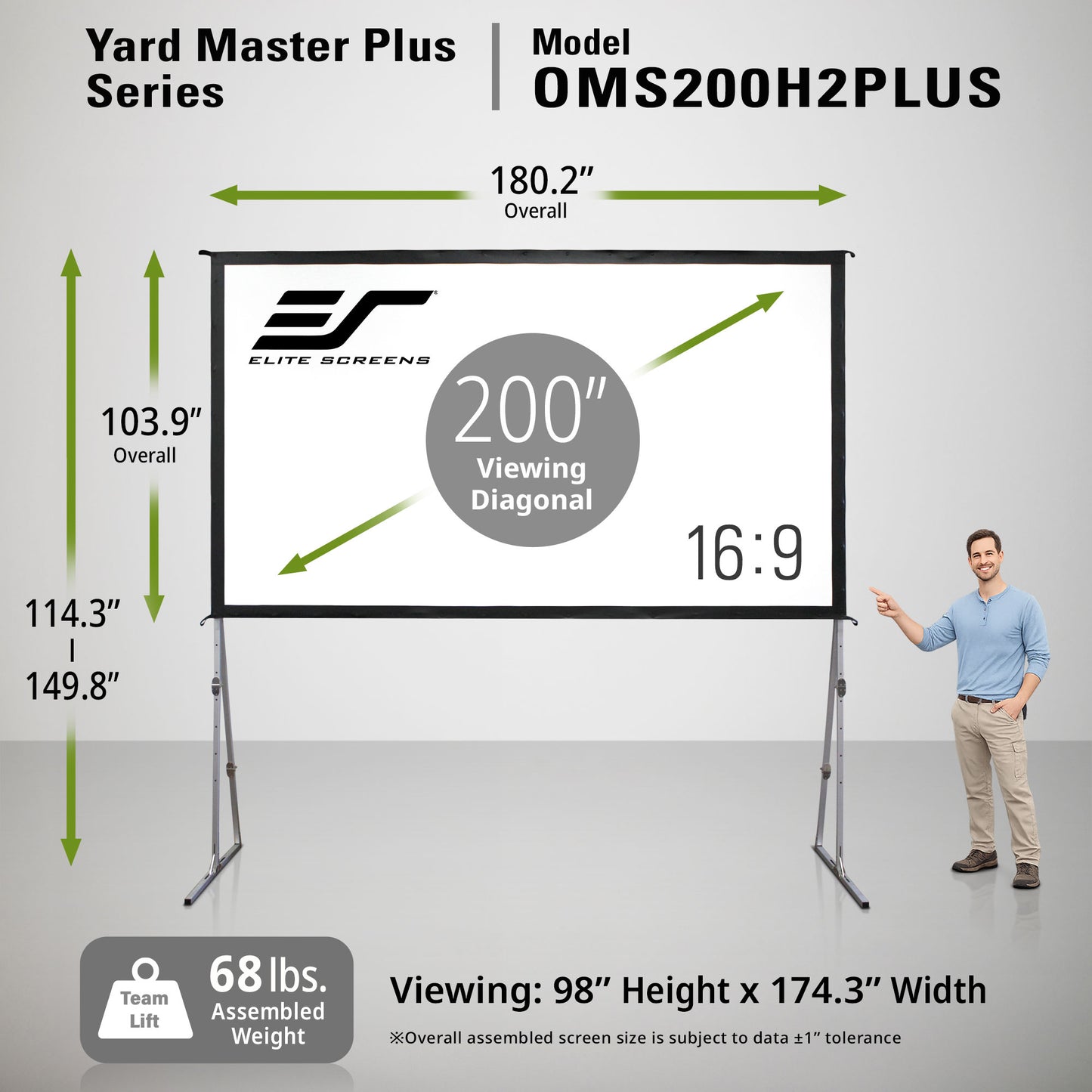 Elite Screens Yard Master Plus Series projector screen with dimensions and features displayed.