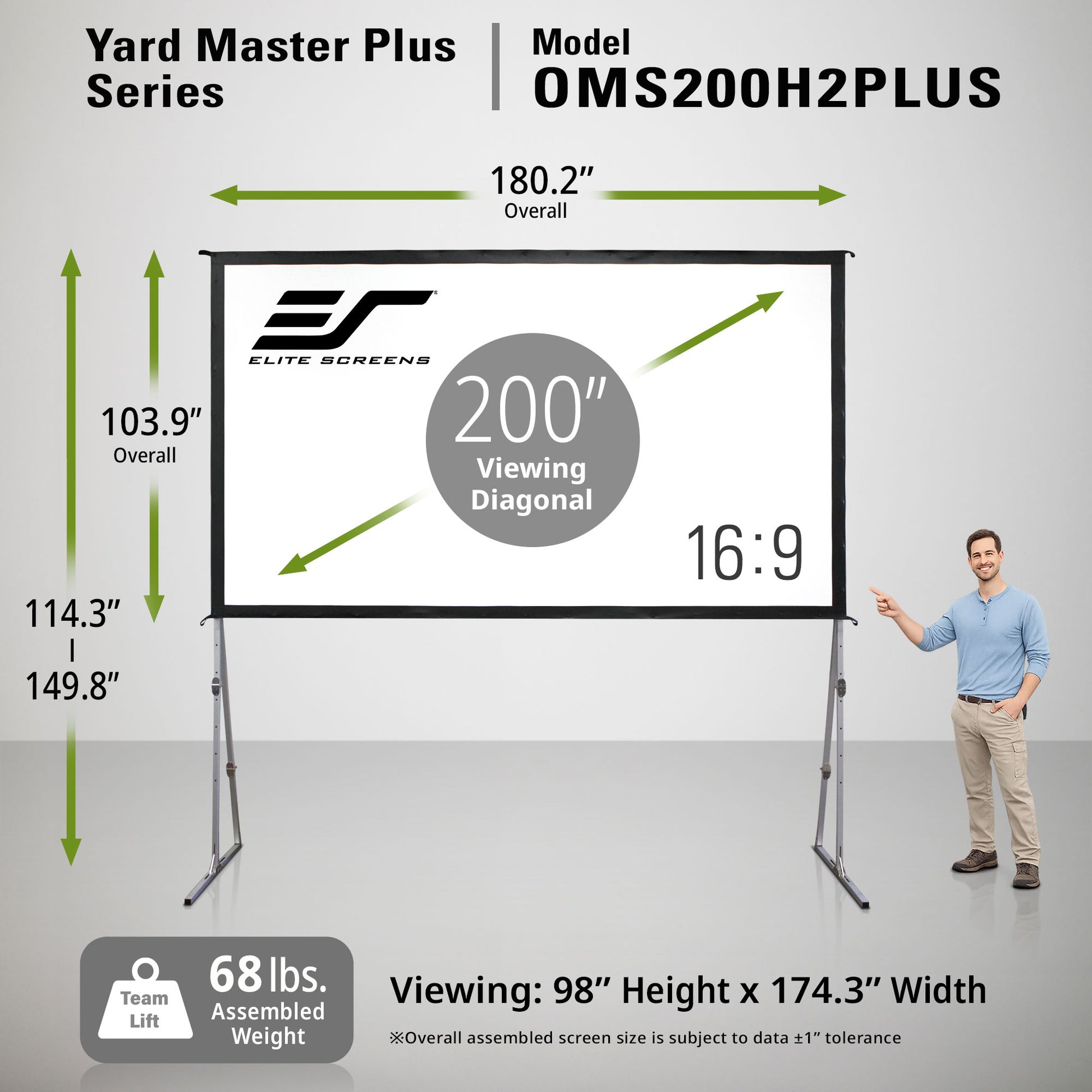 Elite Screens Yard Master Plus Series projector screen with dimensions and features displayed.