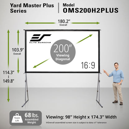 Elite Screens Yard Master Plus Series projector screen with dimensions and features displayed.