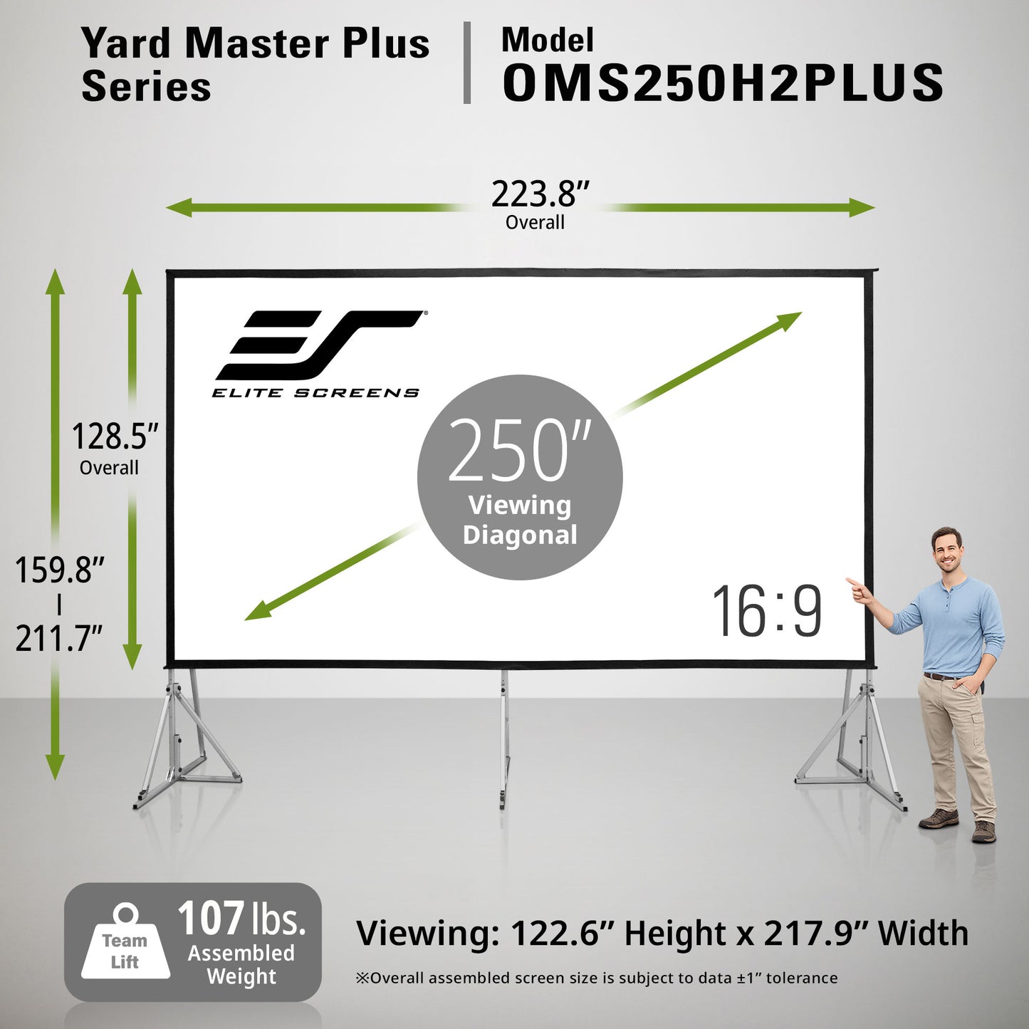 Elite Screens Yard Master Plus Series projector screen with dimensions and specifications.