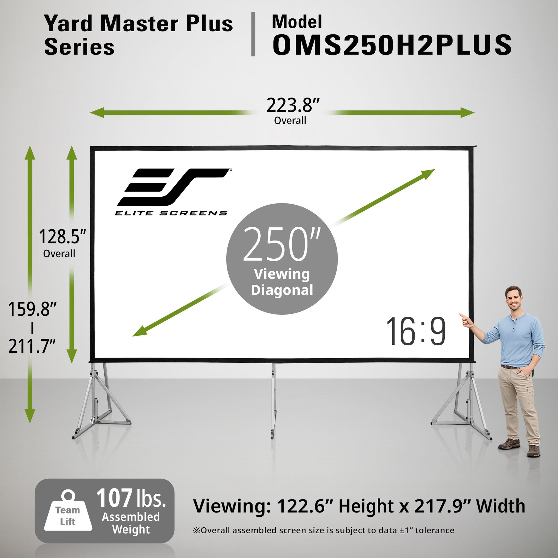 Elite Screens Yard Master Plus Series projector screen with dimensions and specifications.