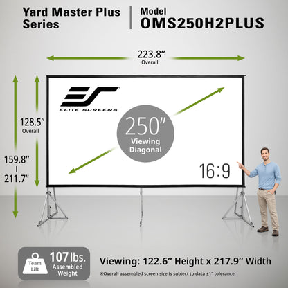 Elite Screens Yard Master Plus Series projector screen with dimensions and specifications.