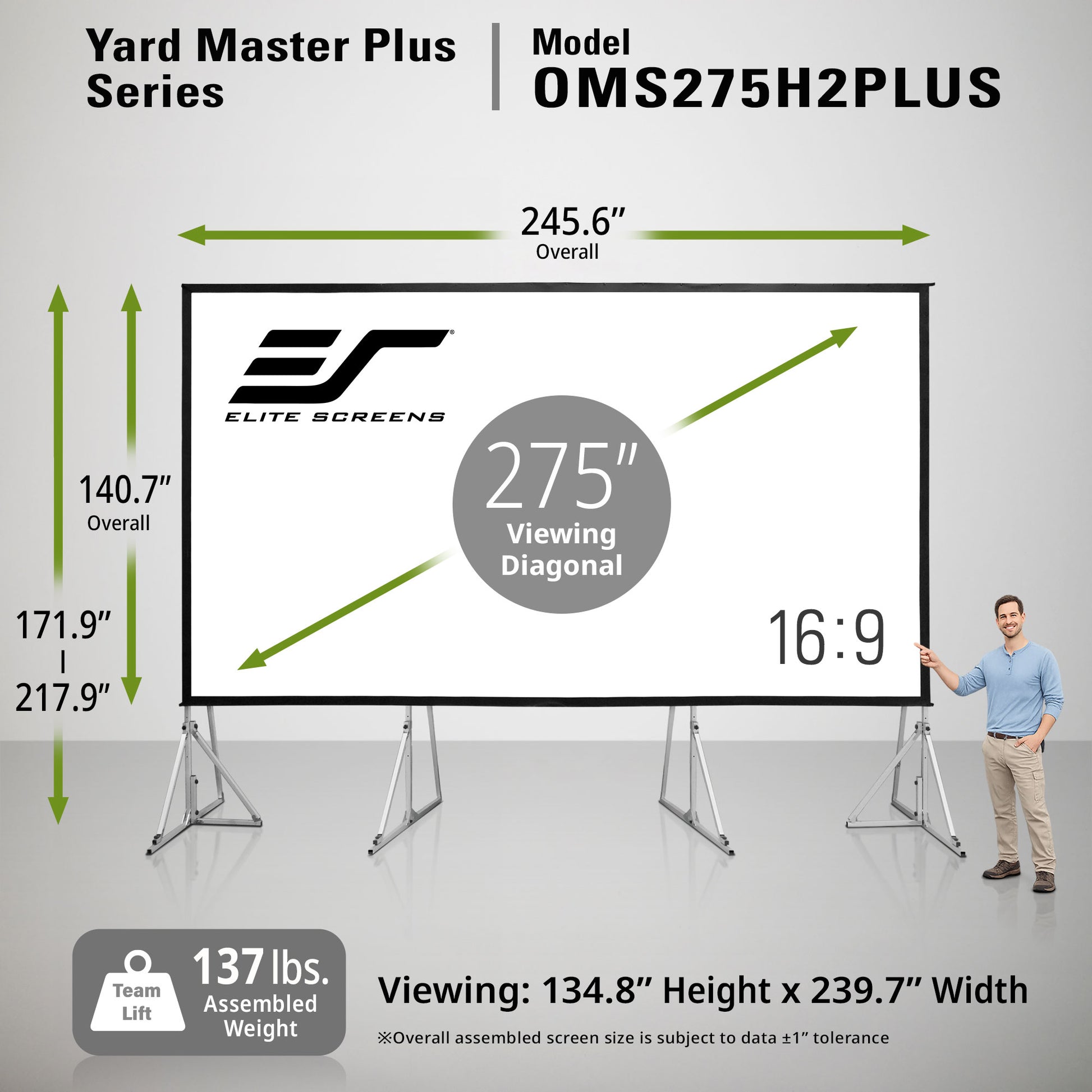 Elite Screens Yard Master Plus Series projector screen with dimensions and specifications.
