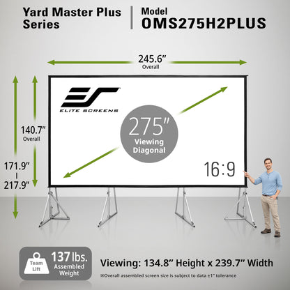 Elite Screens Yard Master Plus Series projector screen with dimensions and specifications.