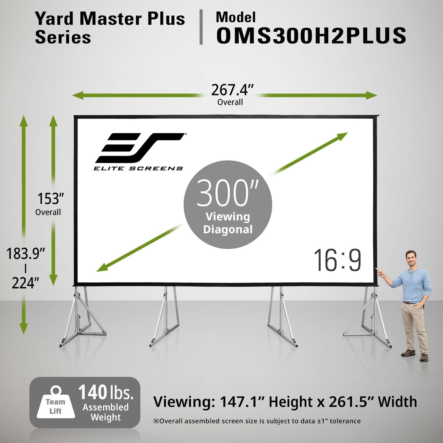 Elite Screens Yard Master Plus Series projector screen with dimensions and specifications.