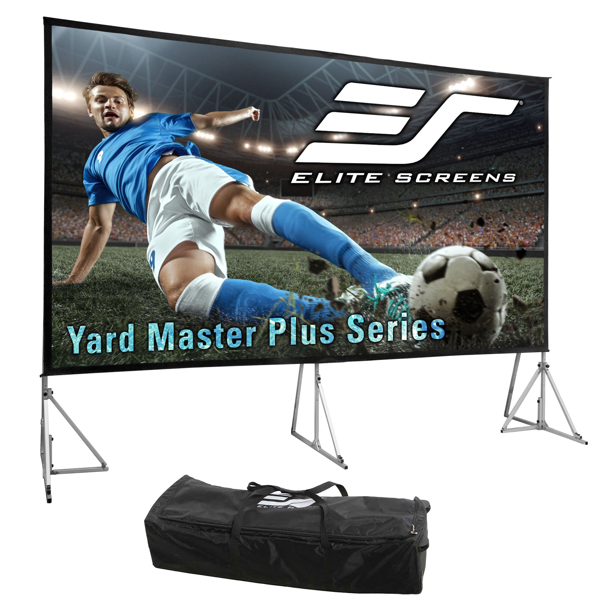 Elite Screens Yard Master Plus Series outdoor projector screen with a soccer player on the screen.