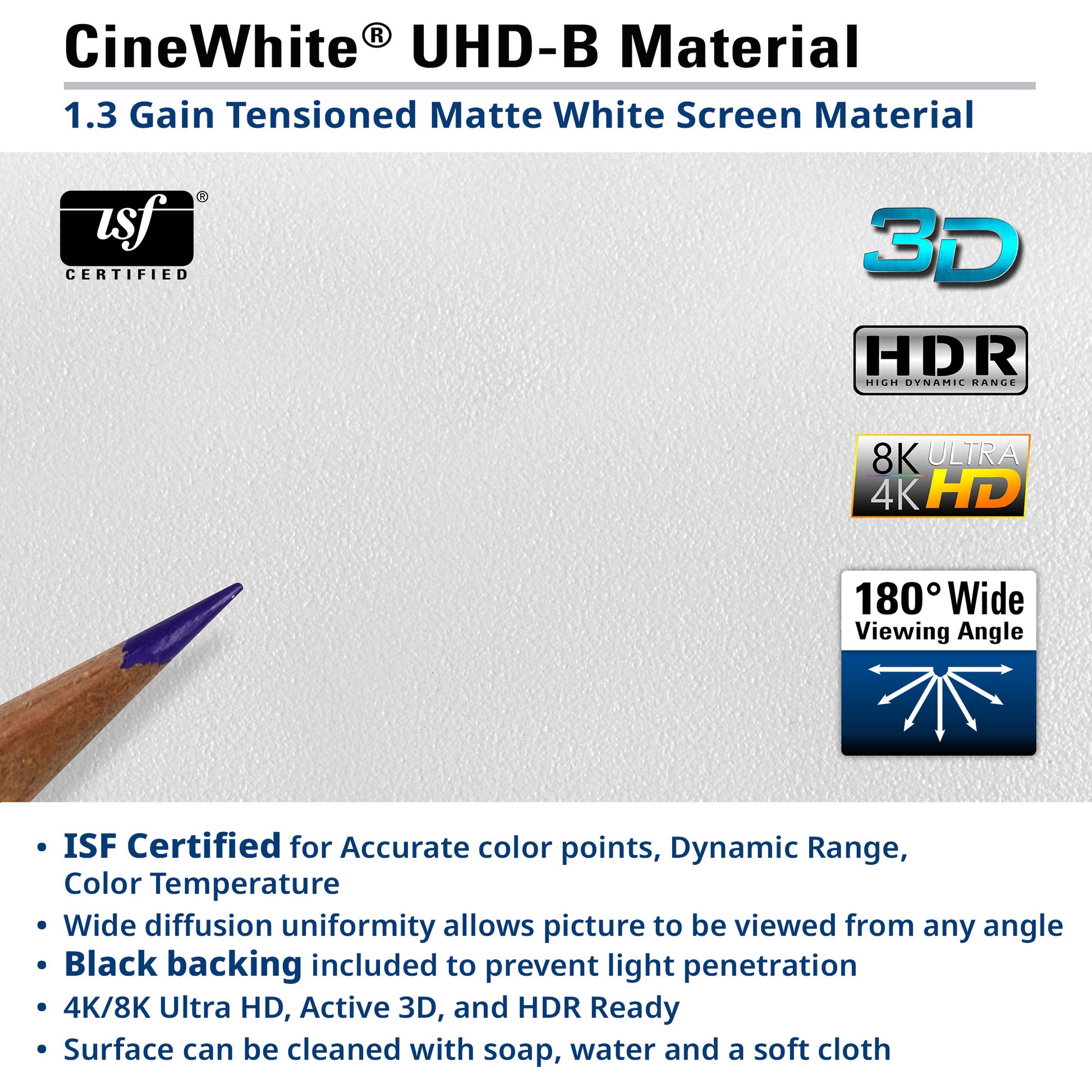 CineWhite UHD-B Material description with ISF certification and display technology features on a white background.