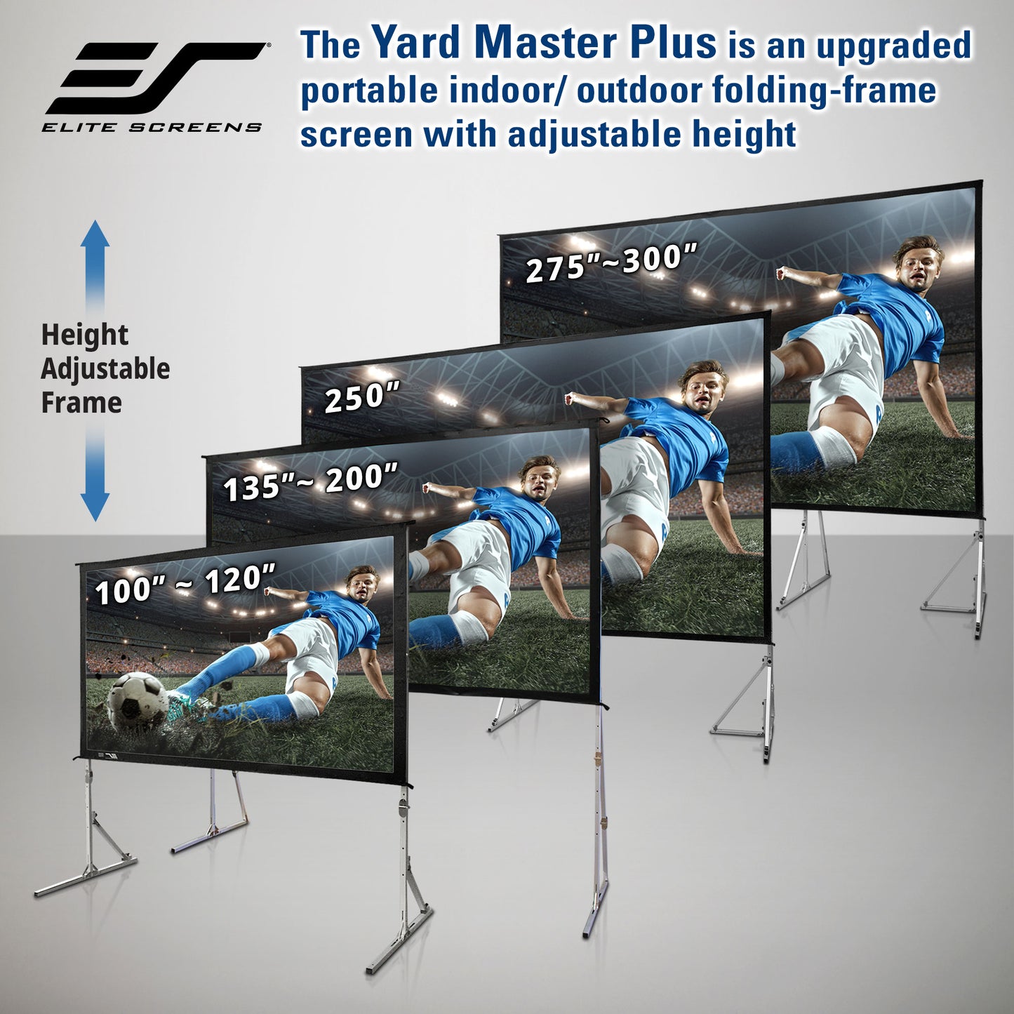 Elite Screens Yard Master Plus outdoor folding-screen with adjustable height, displaying a soccer player on a screen.