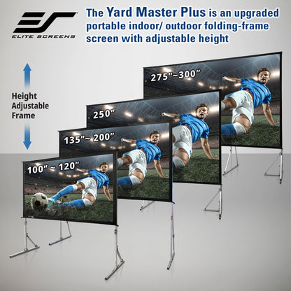 Elite Screens Yard Master Plus outdoor folding-screen with adjustable height, displaying a soccer player on a screen.