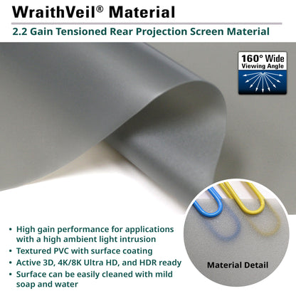 WraithVeil Material 2.2 Gain Tensioned Rear Projection Screen Material with text and close-up details.