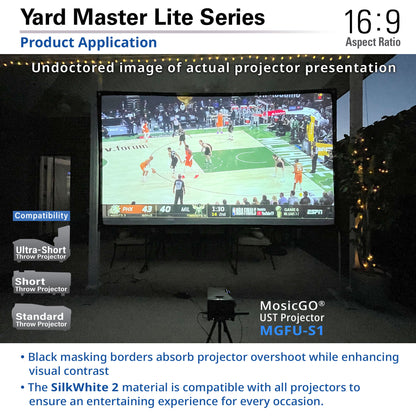 Outdoor setting with a large screen displaying a sports event, featuring a MosicGO UST Projector.