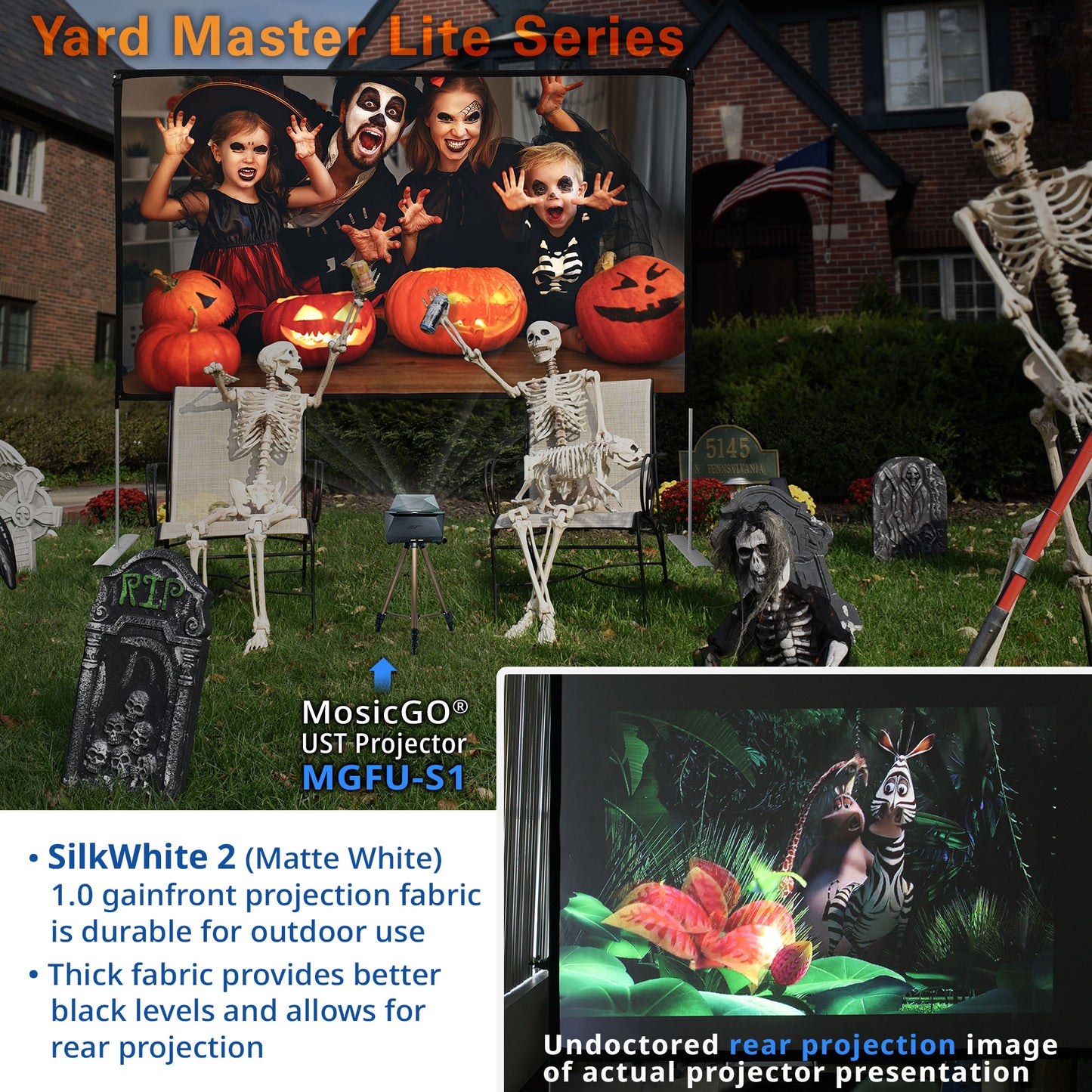 Halloween-themed yard display with skeletons, pumpkins, and a projector, featuring text about the MosaicGO UST Projector.