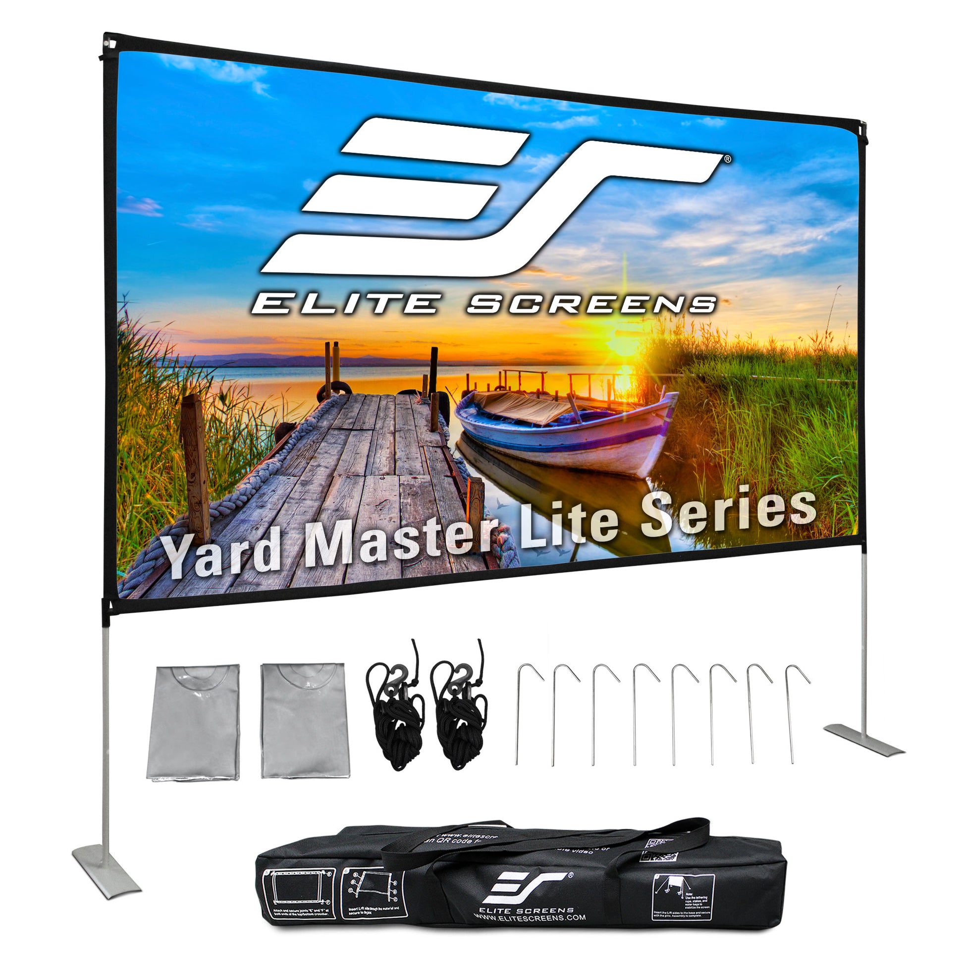 Elite Screens Yard Master Lite Series outdoor screen with accessories on a white background