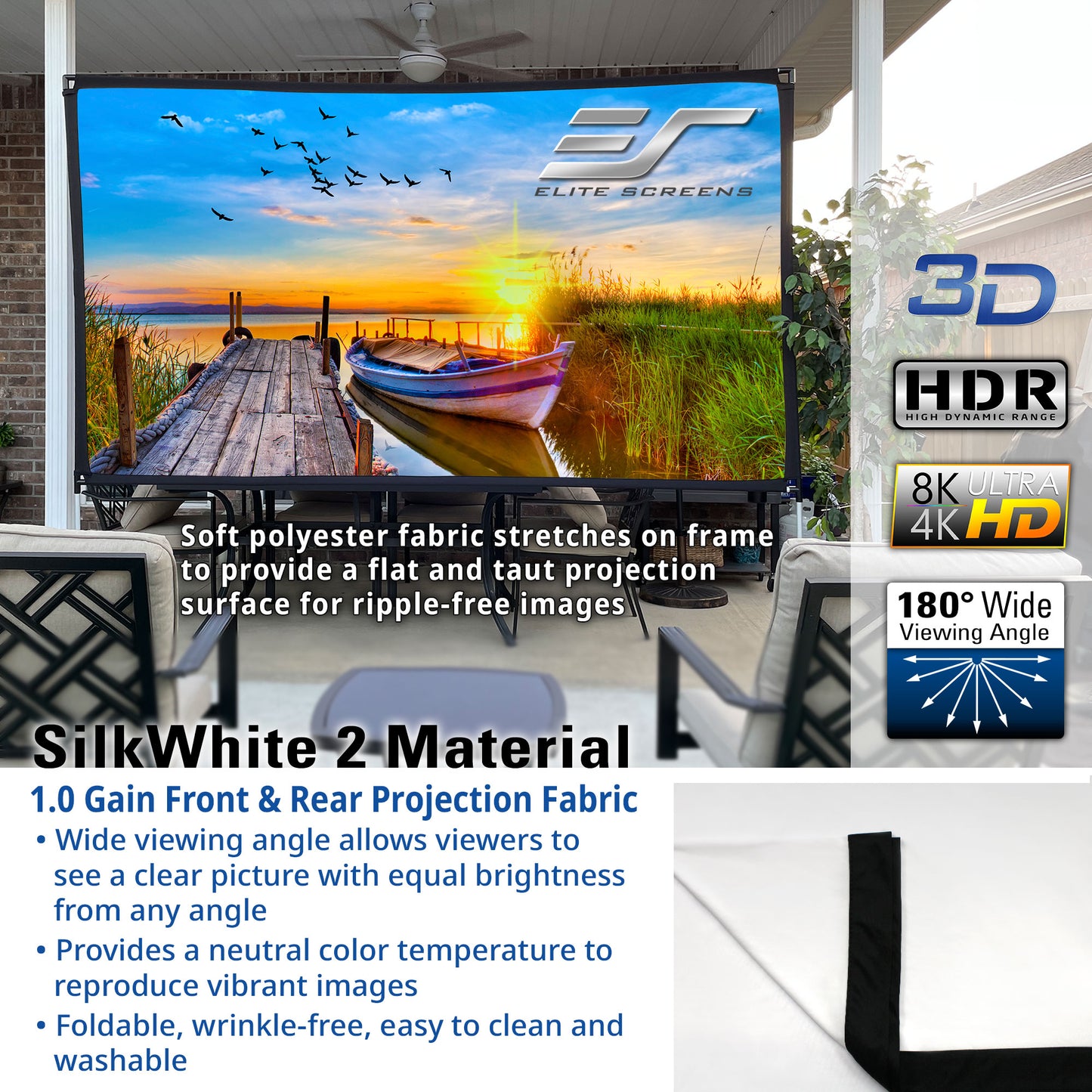 Outdoor screen with Elite Screens branding displaying a scenic projection, surrounded by patio furniture.