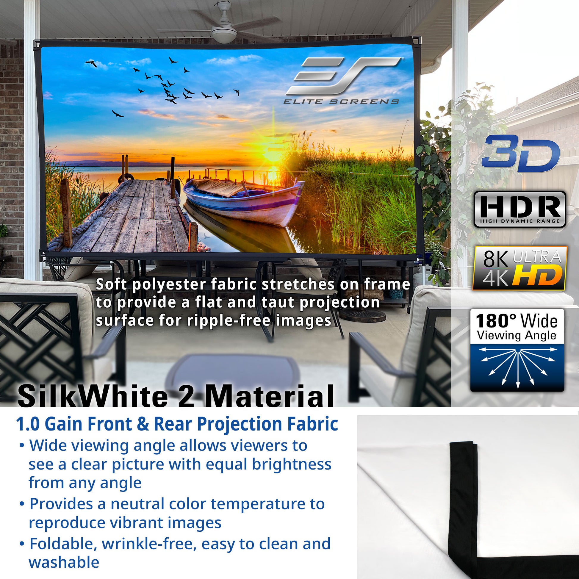 Outdoor screen with Elite Screens branding displaying a scenic projection, surrounded by patio furniture.