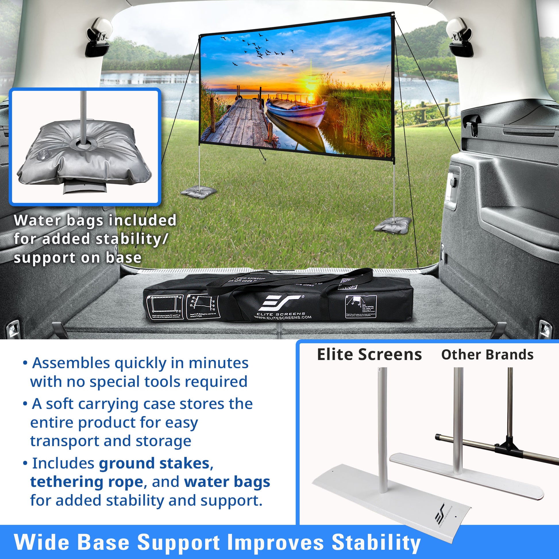 Outdoor screen setup with projector and accessories, featuring Elite Screens branding.